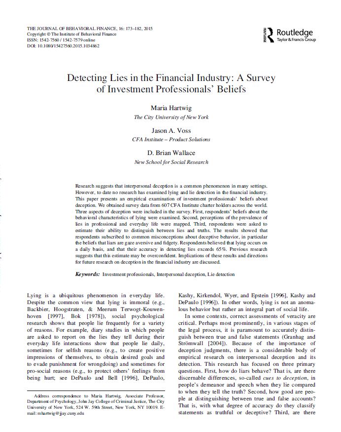 Journal of Behavioral Finance: Detecting Lies in the Financial Industry - A Survey of Investment Professionals' Beliefs