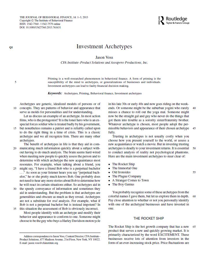 Journal of Behavioral Finance: Investment Archetypes
